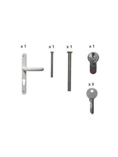 Poignée double béquille blanche + 2 vis M4x80 + Cylindre 40/50 + 3 clés
