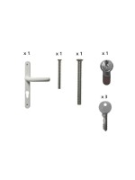 Poignée double béquille inox + 2 vis M4x80 + Cylindre 40/50 + 3 clés