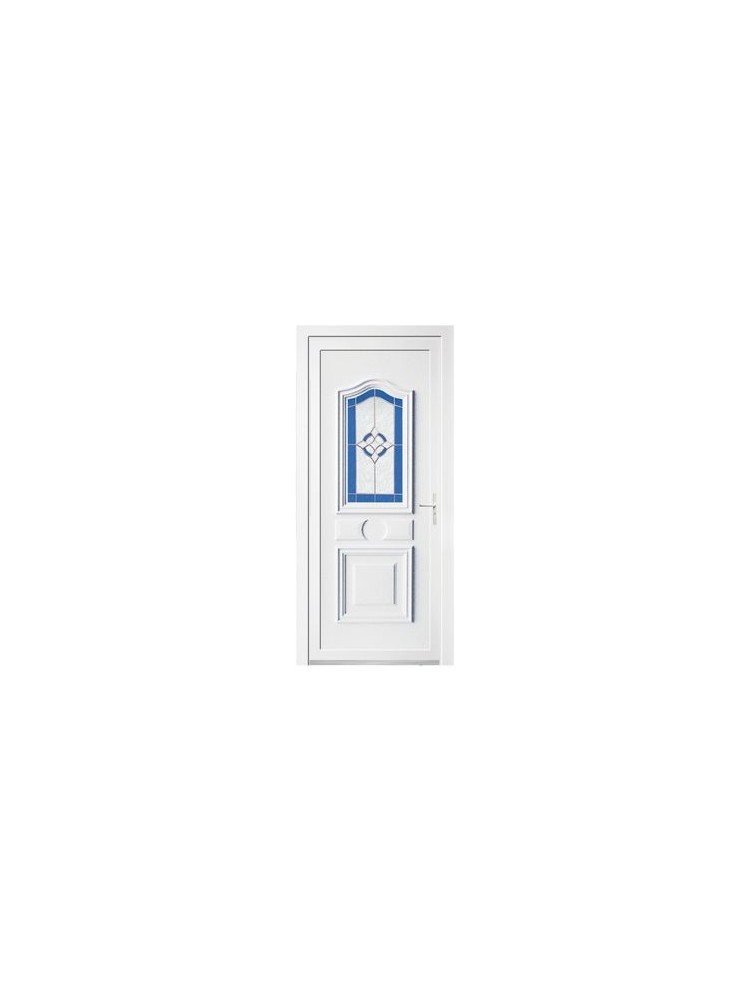 Porte d’entrée PVC INGRID – Gamme Tradition – Panneau mouluré & vitrage décoratif vitrail
