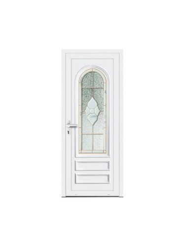 Porte d’entrée PVC MOLY Vitrail Modèle A – Panneau mouluré & véritable vitrail – Gamme Élégance Tradition