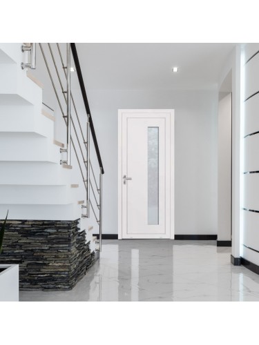 Porte d’entrée PVC ELISA sur mesure – Vitrage grands carrés & option inox – Gamme Élégance